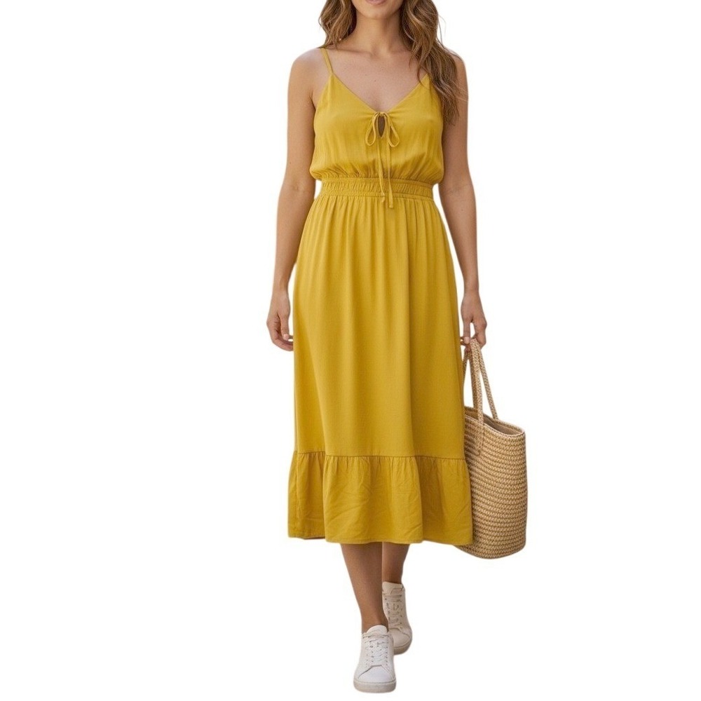 Jolie‎ & Joy Midi Dress Womens 1X Yellow Smocked Waist Ruffle Hem Boho Summer